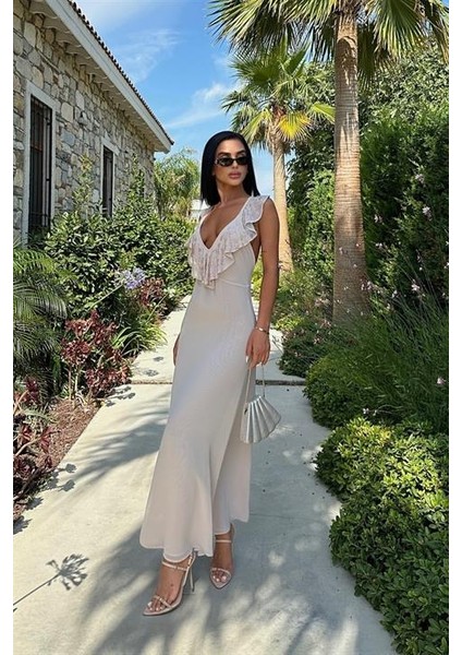 Yaka Dekolteli Desenli Şifon Elbise