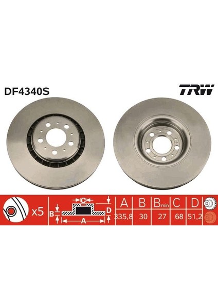 Ön Fren Aynası Adet Volvo XC90 2.5t-D5-T6 2002-2010 17 Jant 336X30X5DLXHAVALI 986479202-DF4340S