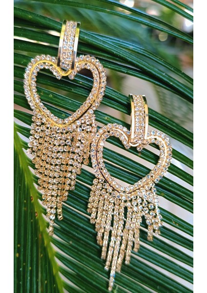 Sarı Renk Zirkon Taşlı Lüks Abiye Küpe