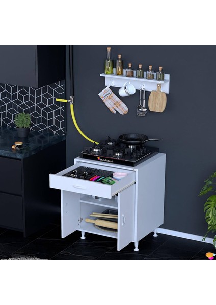 Birce M Set Ocak Altı Dolap 60X88X56 cm 2 Kapak 2 Göz Bölmeli Üst Asma Baharat Raflı