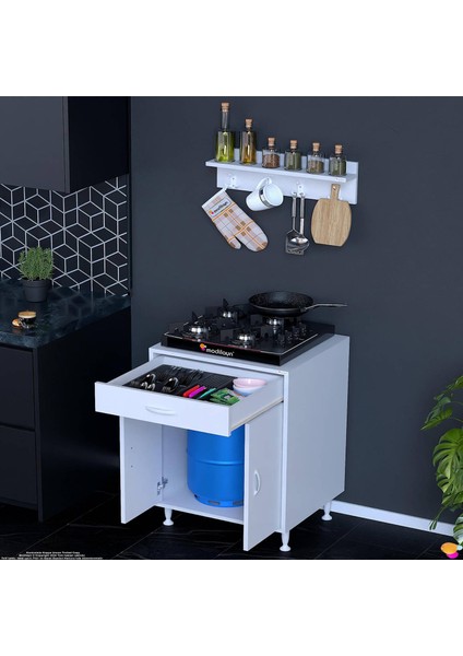 DOQU (M) Set Ocak Altı Dolap 60x88x56 cm. Çekmeceli, kapaklı, tüp bölmeli ve baharat raflı