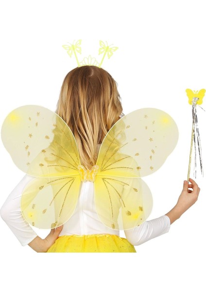 Sarı Kelebek Erkek-Kız Seti – 50 cm Kelebek Kanadı, Taç ve Asa