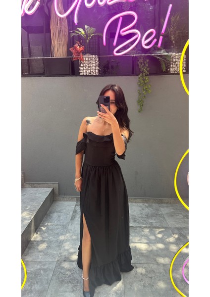 Gül Detaylı Yırtmaçlı Maxi Elbise fiyatları