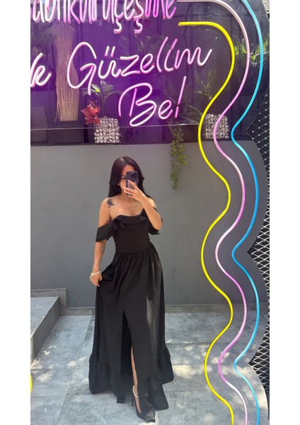 Gül Detaylı Yırtmaçlı Maxi Elbise fırsatları