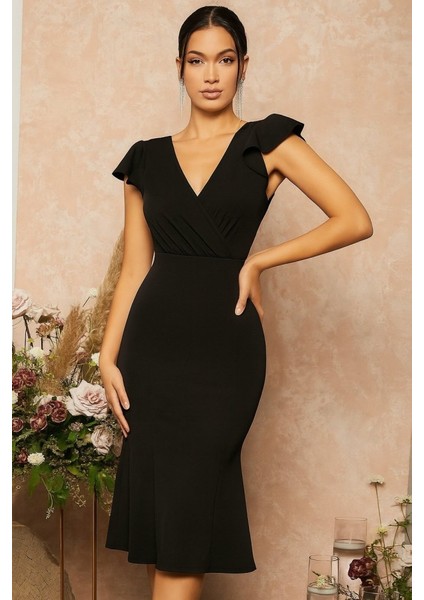 Kadın Kısa Kelebek Kollu Kruvaze Yaka Ithal Krep Midi Elbise fiyatları