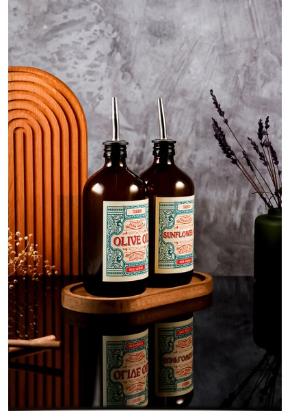 500ML Ahşap Stantlı Amber Red Serisi Zeytinyağı Şişesi ve Ayçiçek Yağı Şişesi modelleri