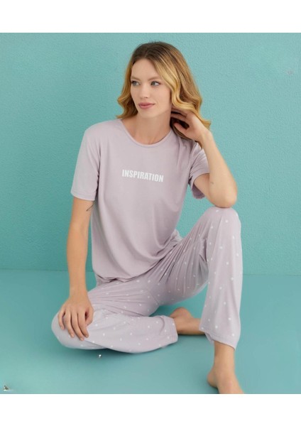 Kadın Bisiklet Yaka Milan Likralı Kısa Kol Pijama Takımı 50107/91- 1 Adet