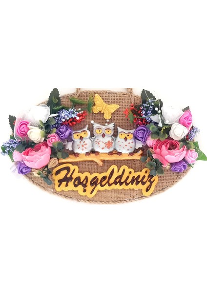 Ailesi Hoşgeldiniz Yazılı Çiçekli El Yapımı Kapı Süsü