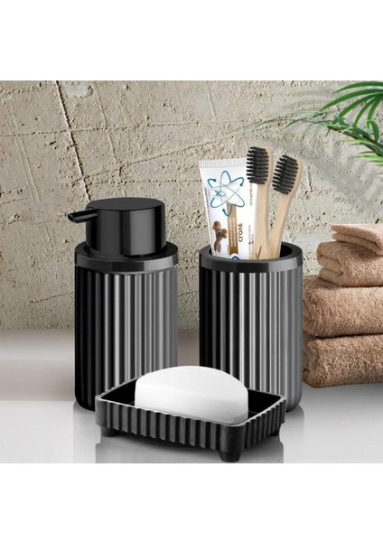 Haus Banyo Takımı Diş Fırçalık Sıvı Sabunluk Katı Sabunluk 3 Lü Set Siyah P-3319