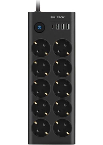 Termal Akım Korumalı 10'lu Priz, 3x Usb, 1x Type-C Giriş, Isıya Dayanıklı, Grup Priz, Çoklu Uzatma Kablo, Siyah, Ftr-14