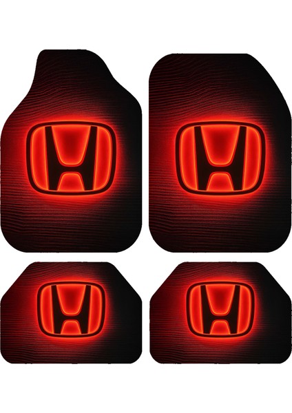 Kırmızı Neon Honda Logolu Desenli Dekoratif 4'lü Oto Paspas Takımı Tüm Araçlara Uygun Leke Tutmaz Makinede Yıkanabilir Universal Kalıp