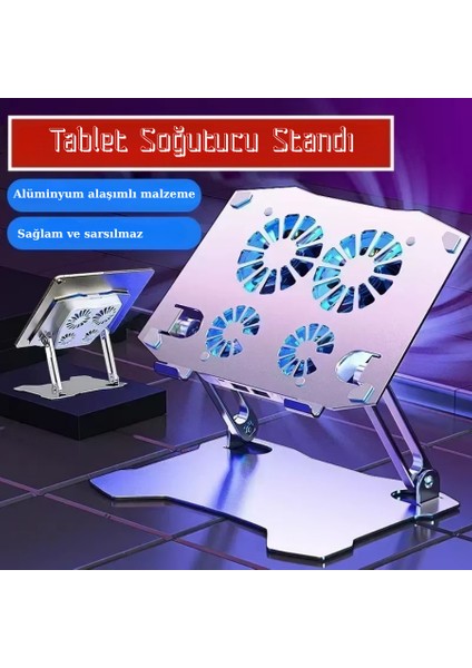 Alüminyum Alaşımlı Tablet 4 Fanlı Stand Çok Fonksiyonlu Katlanabilir Tablet Soğutucu Stand