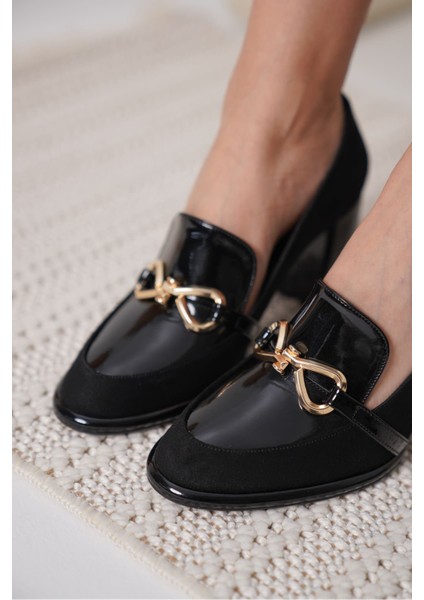 Melly Premium Siyah Rugan Süet Detaylı Kadın Topuklu Ayakkabı fiyatları