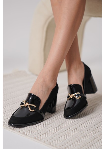 Melly Premium Siyah Rugan Süet Detaylı Kadın Topuklu Ayakkabı modelleri