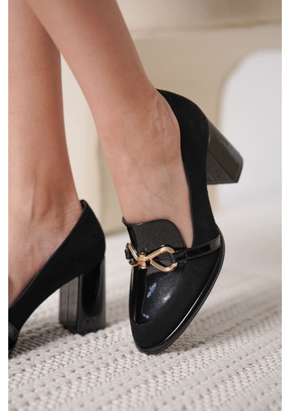 Melly Premium Siyah Rugan Süet Detaylı Kadın Topuklu Ayakkabı indirimleri