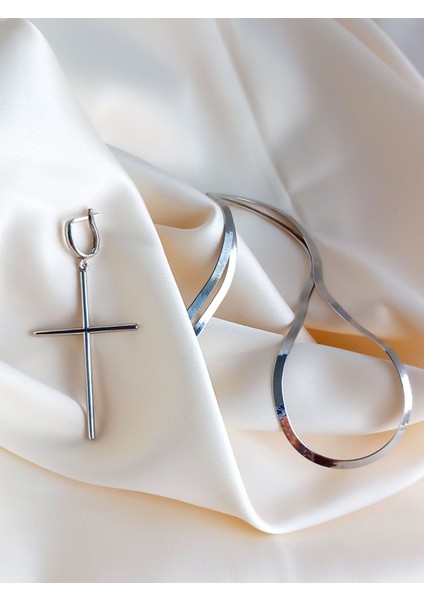 18 Ayar Altın Kaplama Stick Haç Tasarım Ezme Zincir Kolye Küpe Kadın Set