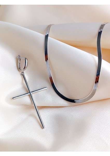 18 Ayar Altın Kaplama Stick Haç Tasarım Ezme Zincir Kolye Küpe Kadın Set modelleri