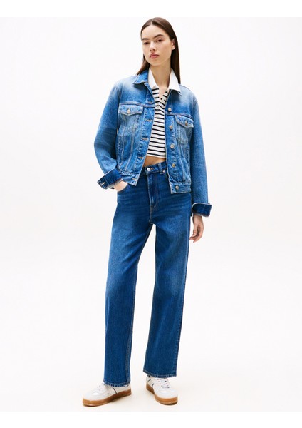 Yüksek Bel Düz Paça Slim Straight Koyu Mavi Kadın Denim Pantolon DW0DW200541BK