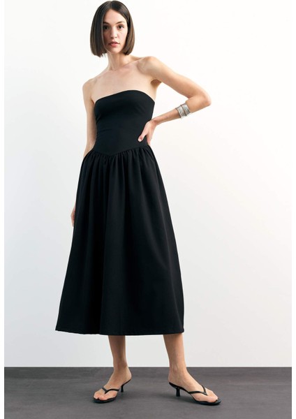 Dokuma Straplez Midi Elbise F9716AX25SM modelleri