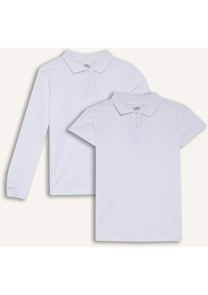 Kız Çocuk Okul Polo Yaka Basic Düz Pike 2'li Tişört C7297A825AU
