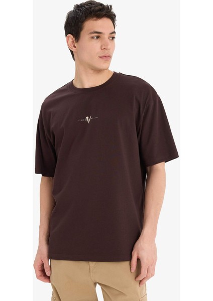 %100 Pamuk Vikings Valhalla Boxy Fit Rahat Kesim Bisiklet Yaka Sırt Baskılı Kısa Kollu Tişört E9294AX25AU modelleri