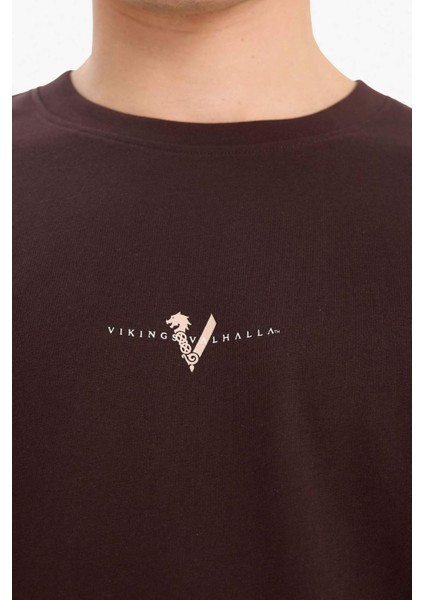 %100 Pamuk Vikings Valhalla Boxy Fit Rahat Kesim Bisiklet Yaka Sırt Baskılı Kısa Kollu Tişört E9294AX25AU