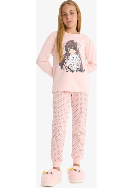 Kız Çocuk Pijama Takımı Baskılı Uzun Kollu Üst Desenli Uzun Alt F6169A825AU