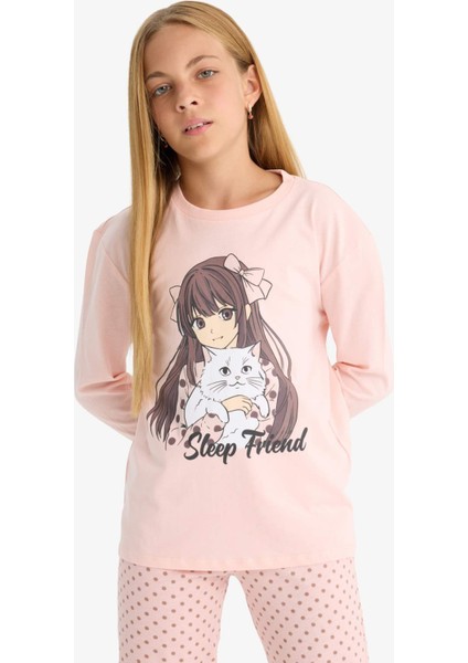 Kız Çocuk Pijama Takımı Baskılı Uzun Kollu Üst Desenli Uzun Alt F6169A825AU fırsatları