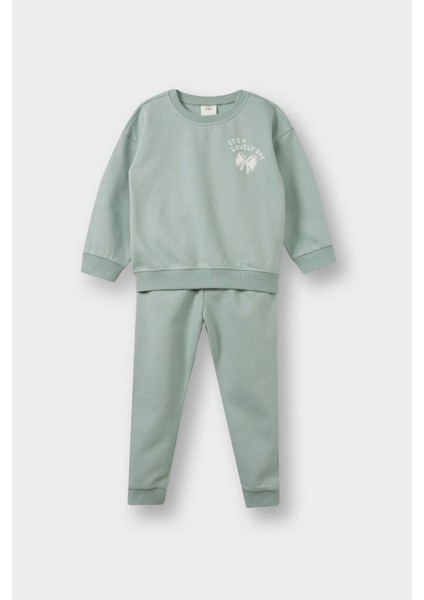 Kız Bebek 2'li Takım İçi Yumuşak Tüylü Baskılı Sweatshirt Eşofman Altı