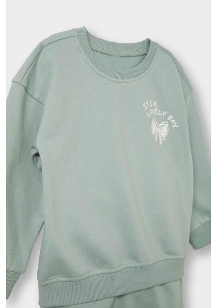 Kız Bebek 2'li Takım İçi Yumuşak Tüylü Baskılı Sweatshirt Eşofman Altı modelleri