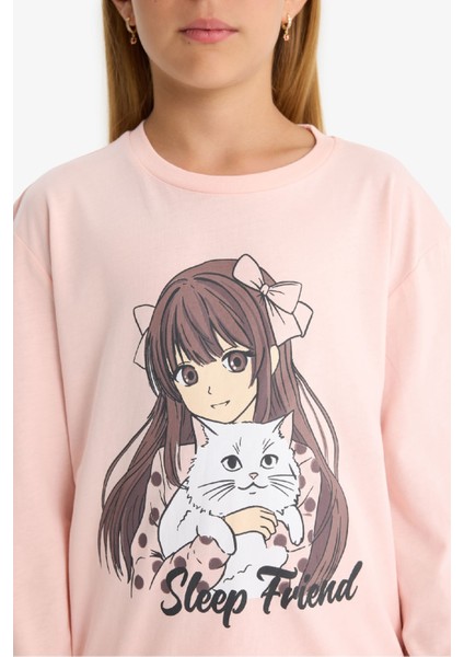 Kız Çocuk Pijama Takımı Baskılı Uzun Kollu Üst Desenli Uzun Alt F6169A825AU indirimleri