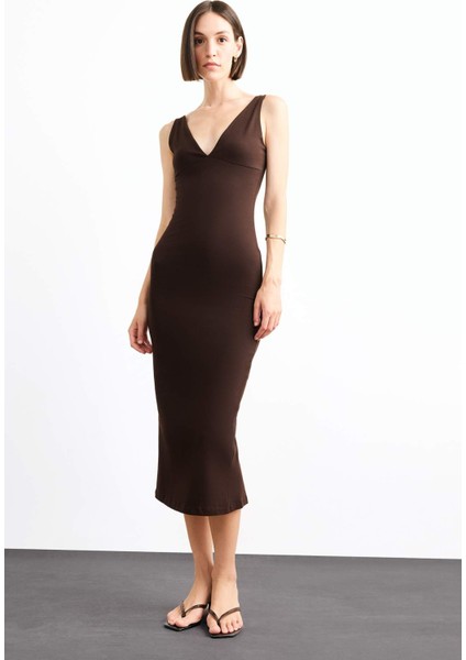 V Yaka Kolsuz Midi Elbise G0390AX25SM