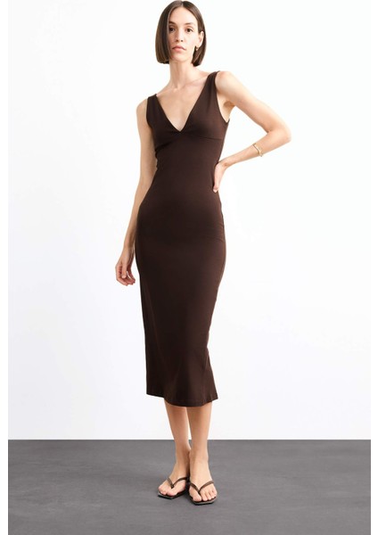 V Yaka Kolsuz Midi Elbise G0390AX25SM fiyatları