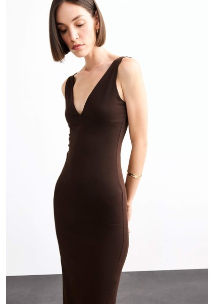 V Yaka Kolsuz Midi Elbise G0390AX25SM indirimleri