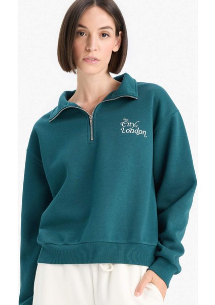 Regular Fit Yarım Fermuarlı Baskılı Kalın Sweatshirt F1067AX25AU