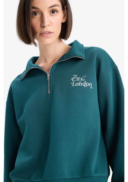 Regular Fit Yarım Fermuarlı Baskılı Kalın Sweatshirt F1067AX25AU fırsatları