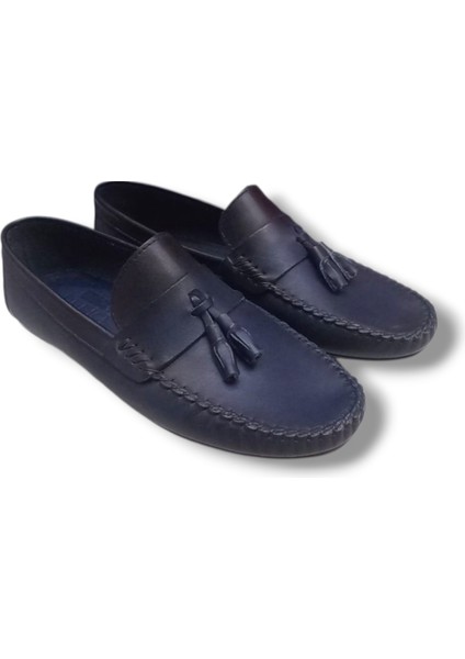 GR0331 Hakiki Deri Saraçlı Rok Model Erkek Lacivert Püsküllü Loafer Ayakkabı indirimleri