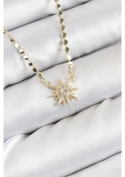 Pirinç Zirkon Taşlı Kutup Yıldızı Model Ezme Zincir Gold Renk Kadın Kolye - TJ-BKO10390