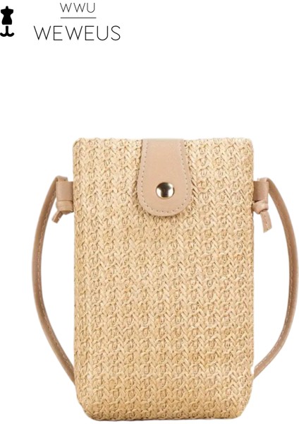 Kadın Bej Renk Düz Askılı Hasır Mini Çanta