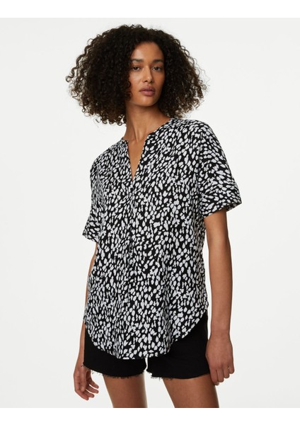 Kısa Kollu Keten Popover Bluz