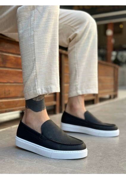 BA0241 Bağcıksız Yüksek Taban Siyah Beyaz Taban Cilt Erkek Ayakkabı