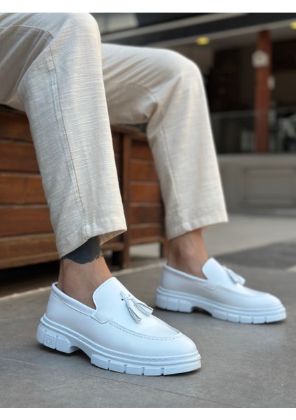 BA0240 Yüksek Taban Klasik Parlak Püsküllü Beyaz Erkek Ayakkabı