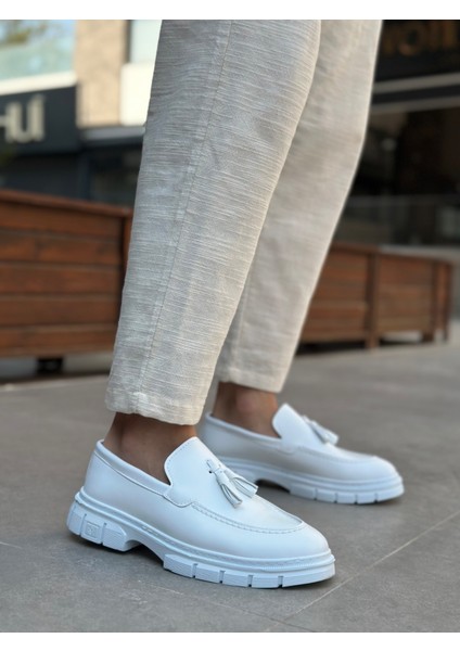BA0240 Yüksek Taban Klasik Parlak Püsküllü Beyaz Erkek Ayakkabı modelleri