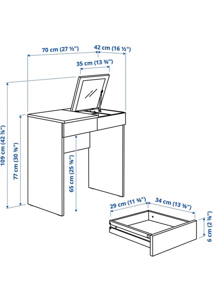 Brımnes Makyaj Masası Beyaz 70 x 42 cm Çekmeceli Aynalı