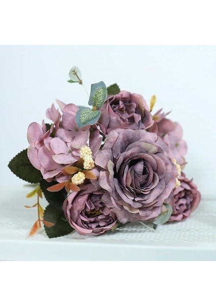 Mor Yapay Çiçekler Retro Ipek Gül Buketi Ortanca Şakayık Vintage Gelin Holding Çiçek Ev Düğün Dekorasyon Aksesuarları (Yurt Dışından)