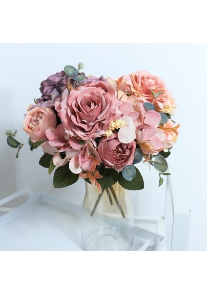 Mor Yapay Çiçekler Retro Ipek Gül Buketi Ortanca Şakayık Vintage Gelin Holding Çiçek Ev Düğün Dekorasyon Aksesuarları (Yurt Dışından) modelleri