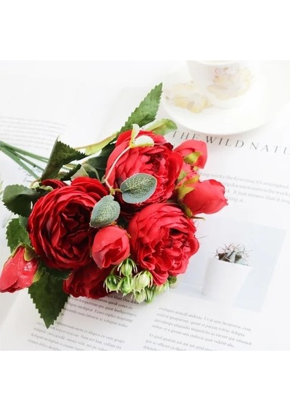 Kırmızı 1 Paket Ipek Şakayık Buket Ev Dekorasyon Aksesuarları Düğün Parti Karalama Defteri Kiler Diy Ponponlar Yapay Güller Çiçekler (Yurt Dışından)
