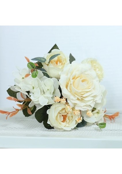 Beyaz Yapay Çiçekler Retro Ipek Gül Buketi Ortanca Şakayık Vintage Gelin Holding Çiçek Ev Düğün Dekorasyon Aksesuarları (Yurt Dışından)