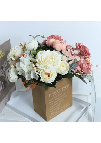 Beyaz Yapay Çiçekler Retro Ipek Gül Buketi Ortanca Şakayık Vintage Gelin Holding Çiçek Ev Düğün Dekorasyon Aksesuarları (Yurt Dışından) indirimleri