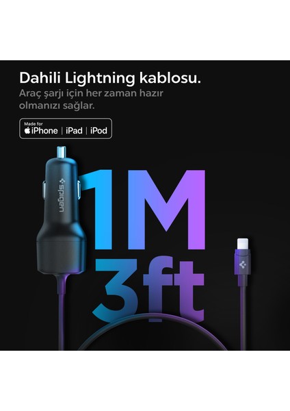 47W USB-C 2 Port Araç içi Hızlı Şarj Aleti + Lightning Şarj Kablosu Güç Adaptörü Çakmaklık iPhone & iPad Type-C - ACP04205